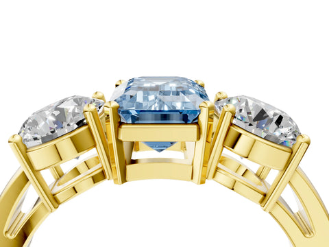 Yellow gold Three-Stone Fancy Blue Emerald Cut Diamond Ring with Round Side Stones, Classic Band, and Four-Prong Setting_4
