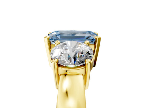 Yellow gold Three-Stone Fancy Blue Emerald Cut Diamond Ring with Round Side Stones, Classic Band, and Four-Prong Setting_5