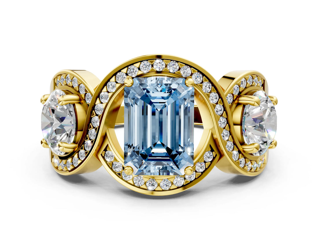 Yellow gold Three-Stone Fancy Blue Emerald Cut Diamond Wave Pave Band with Prong Setting