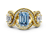 Yellow gold Three-Stone Fancy Blue Emerald Cut Diamond Wave Pave Band with Prong Setting