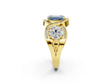 Yellow gold Three-Stone Fancy Blue Emerald Cut Diamond Wave Pave Band with Prong Setting_2