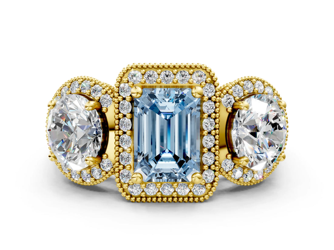 Yellow gold Three-Stone Fancy Blue Emerald Cut Halo Diamond Milgrain Band with Four-Prong Setting