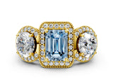 Yellow gold Three-Stone Fancy Blue Emerald Cut Halo Diamond Milgrain Band with Four-Prong Setting