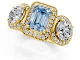 Yellow gold Three-Stone Fancy Blue Emerald Cut Halo Diamond Milgrain Band with Four-Prong Setting_1