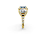 Yellow gold Three-Stone Fancy Blue Emerald Cut Halo Diamond Milgrain Band with Four-Prong Setting_2