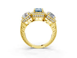 Yellow gold Three-Stone Fancy Blue Emerald Cut Halo Diamond Milgrain Band with Four-Prong Setting_3
