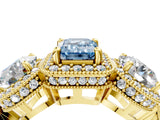 Yellow gold Three-Stone Fancy Blue Emerald Cut Halo Diamond Milgrain Band with Four-Prong Setting_4