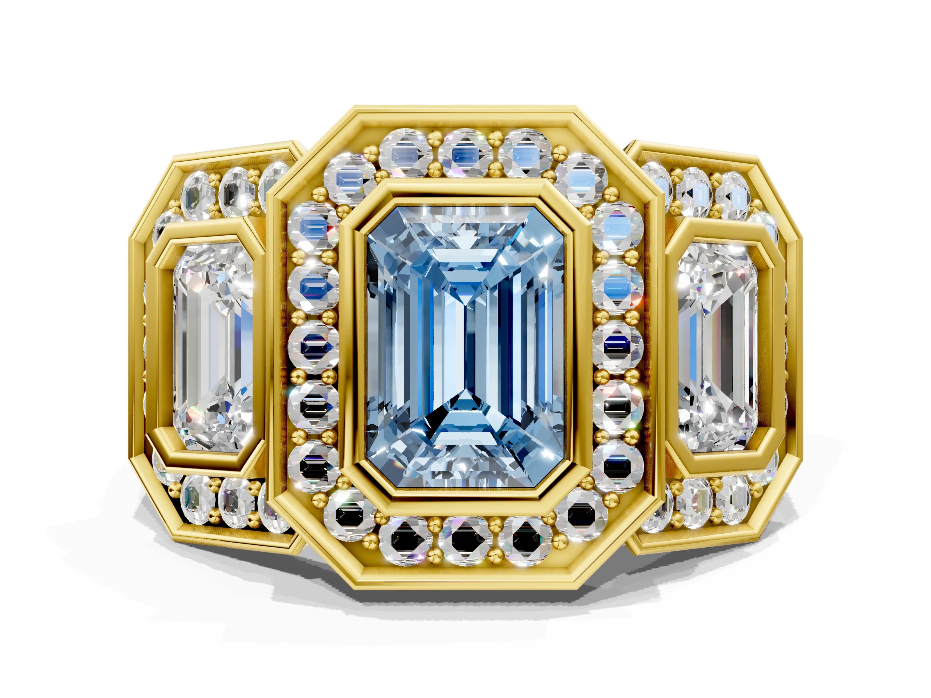 Yellow gold Three-Stone Fancy Blue Emerald Cut Halo Pavé Diamond Ring