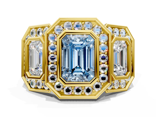 Yellow Gold Emerald Cut Bezel Three Stone Halo Engagement Ring Setting for Fancy Blue Center