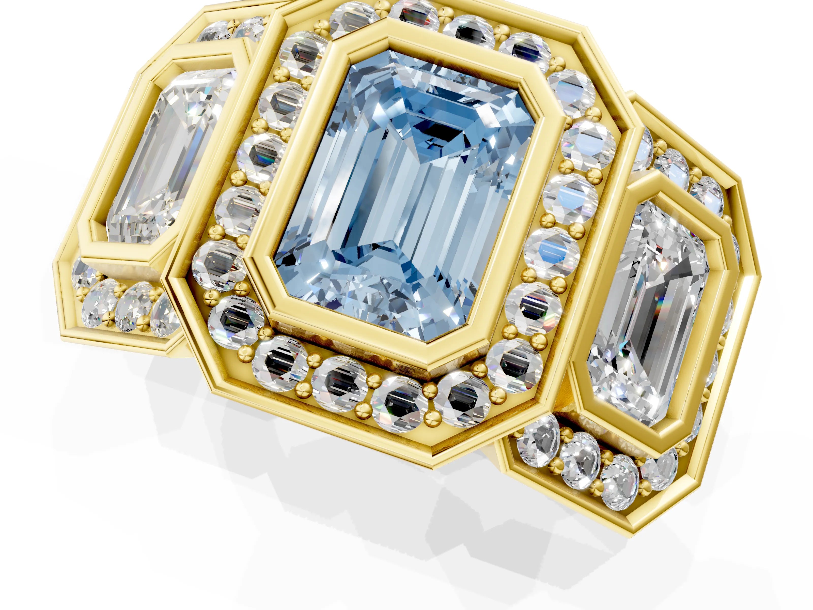 Yellow gold Three-Stone Fancy Blue Emerald Cut Halo Pavé Diamond Ring_1