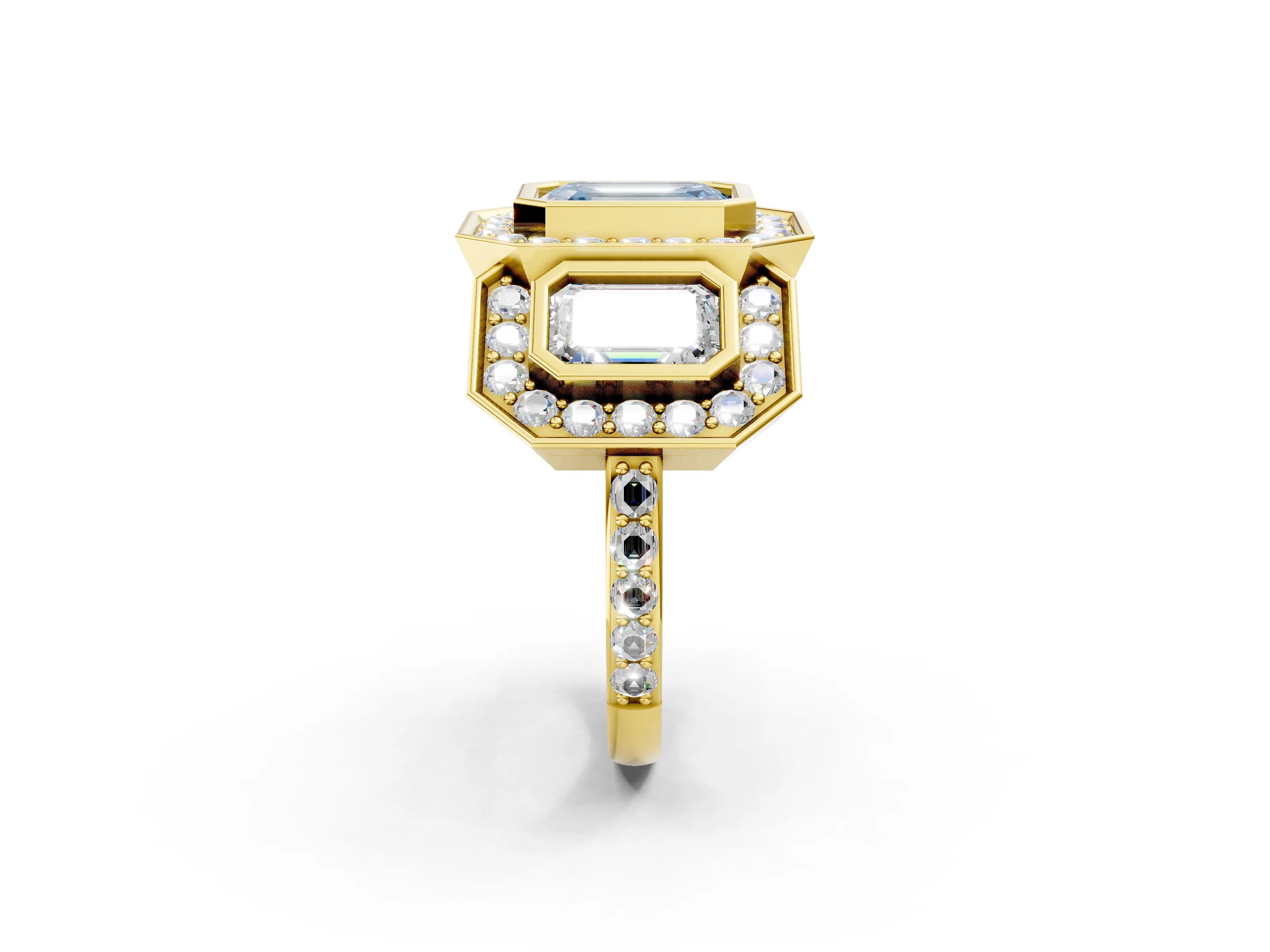 Yellow gold Three-Stone Fancy Blue Emerald Cut Halo Pavé Diamond Ring_2