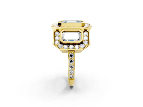 Yellow gold Three-Stone Fancy Blue Emerald Cut Halo Pavé Diamond Ring_2