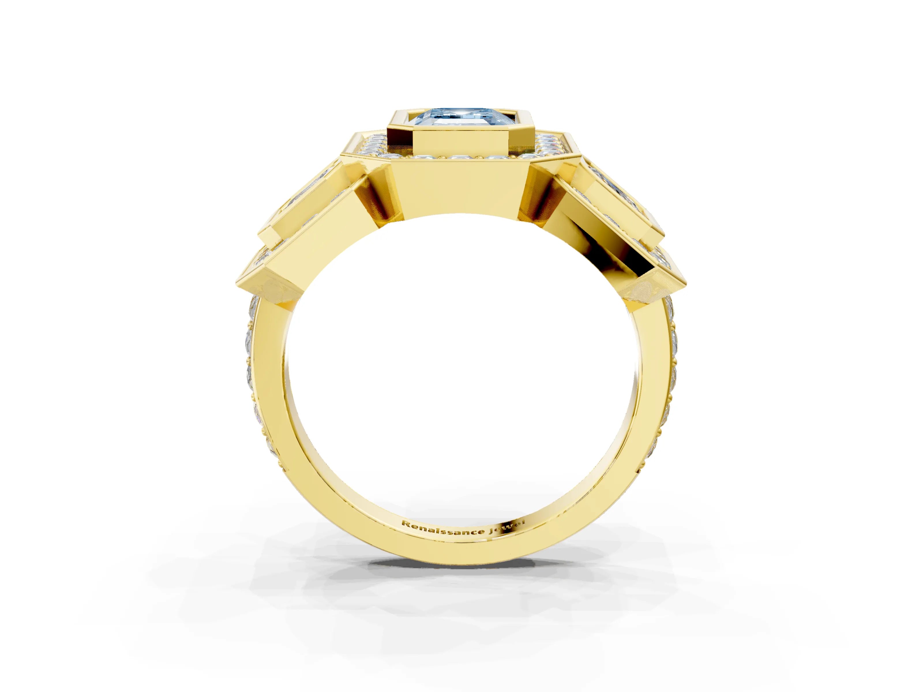 Yellow gold Three-Stone Fancy Blue Emerald Cut Halo Pavé Diamond Ring_3