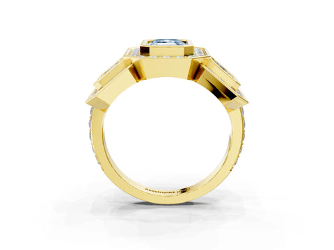 Yellow gold Three-Stone Fancy Blue Emerald Cut Halo Pavé Diamond Ring_3