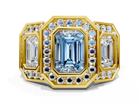 Yellow gold Three-Stone Fancy Blue Emerald Cut Halo Pavé Diamond Ring
