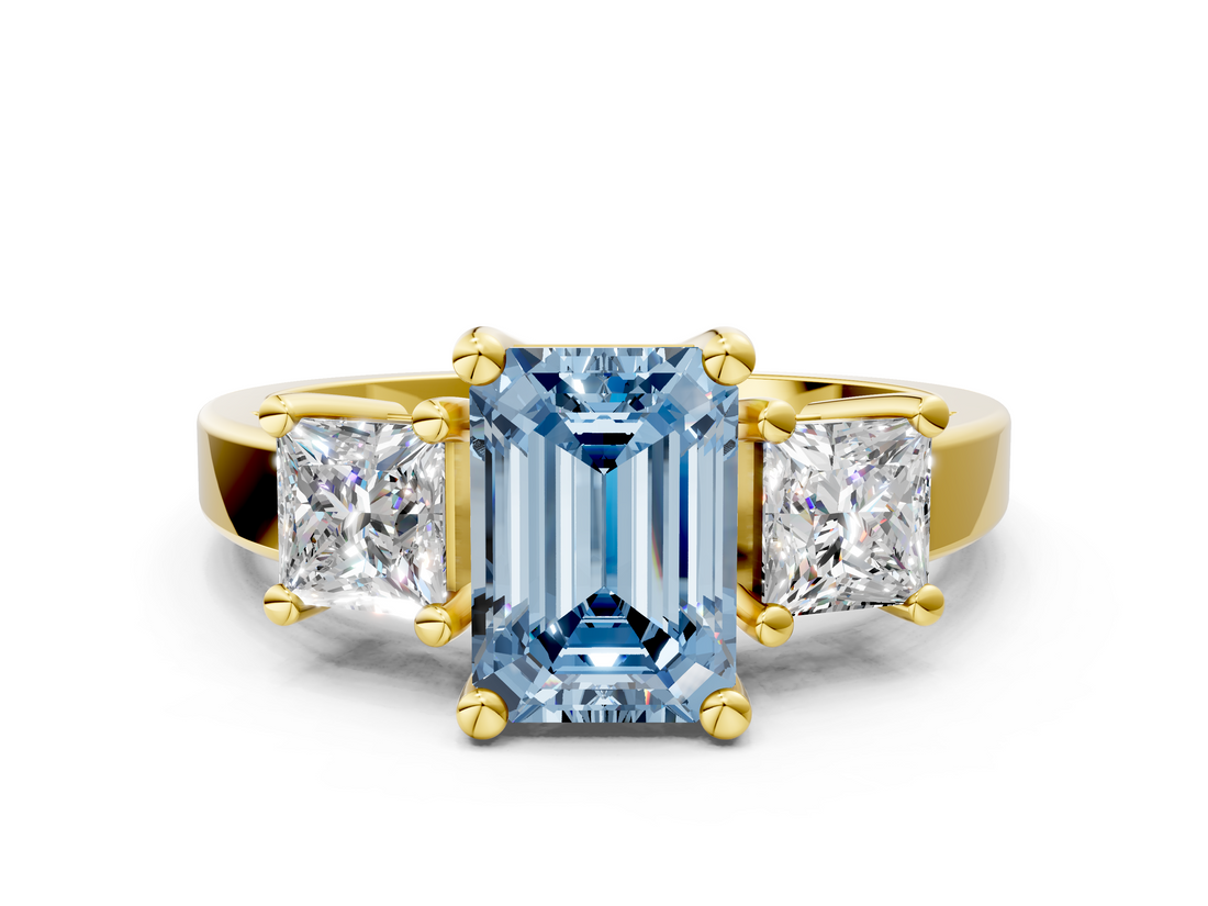 Yellow gold Three-Stone Fancy Blue Emerald  Cut Solitaire Ring with Prong Setting_3
