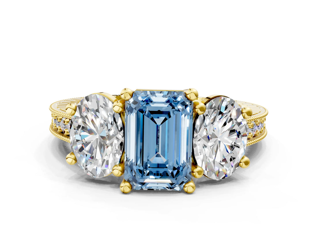 Yellow gold Three-Stone Fancy Blue Emerald  Diamond Milgrain Pave Band with Prong Setting 1