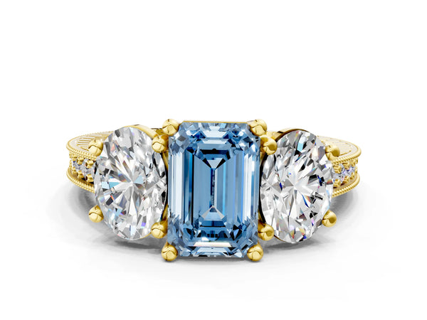 Yellow gold Three-Stone Fancy Blue Emerald  Diamond Milgrain Pave Band with Prong Setting