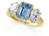 Yellow gold Three-Stone Fancy Blue Emerald  Diamond Milgrain Pave Band with Prong Setting 2