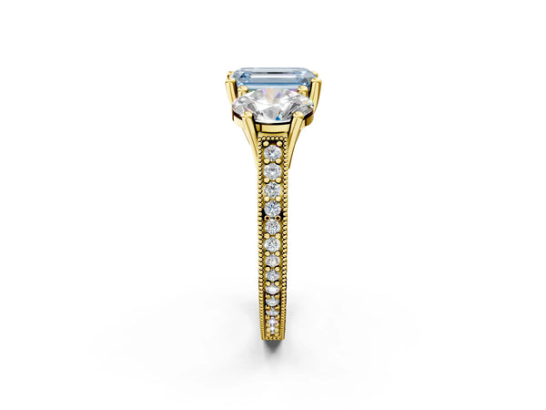 Yellow gold Three-Stone Fancy Blue Emerald  Diamond Milgrain Pave Band with Prong Setting