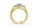 Yellow gold Three-Stone Fancy Blue Emerald  Diamond Milgrain Pave Band with Prong Setting 4