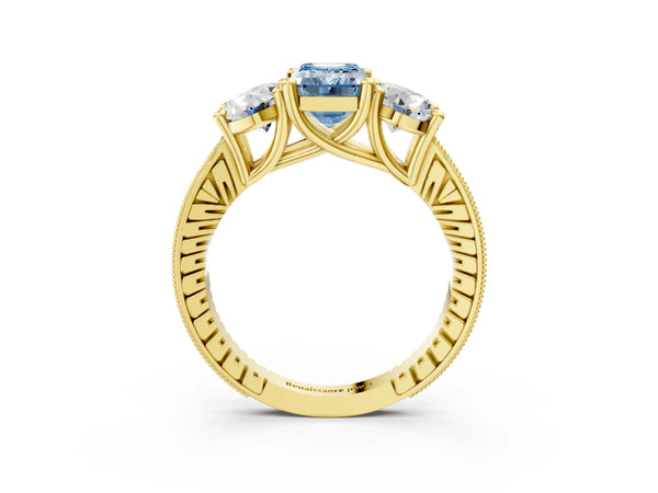 Yellow gold Three-Stone Fancy Blue Emerald  Diamond Milgrain Pave Band with Prong Setting