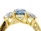 Yellow gold Three-Stone Fancy Blue Emerald  Diamond Milgrain Pave Band with Prong Setting 5