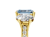 Yellow gold Three-Stone Fancy Blue Emerald  Diamond Milgrain Pave Band with Prong Setting