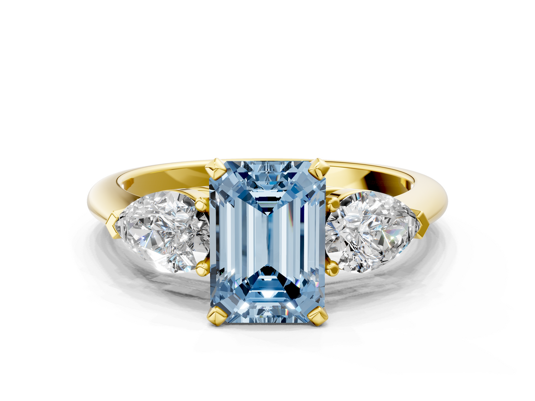 Yellow gold Three-Stone Fancy Blue Emerald  Diamond Ring with Pear Side Stones in Four-Prong Setting_41