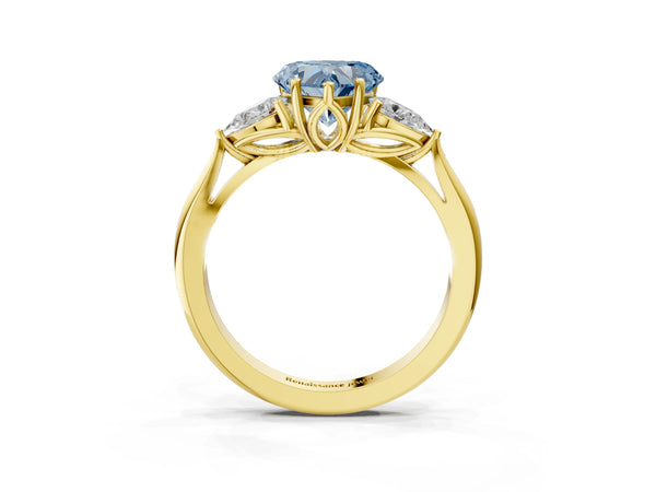 Yellow gold Three-Stone Fancy Blue Heart Cut Brilliant Diamond Solitaire Ring with Tapered Band and Four-Prong Setting