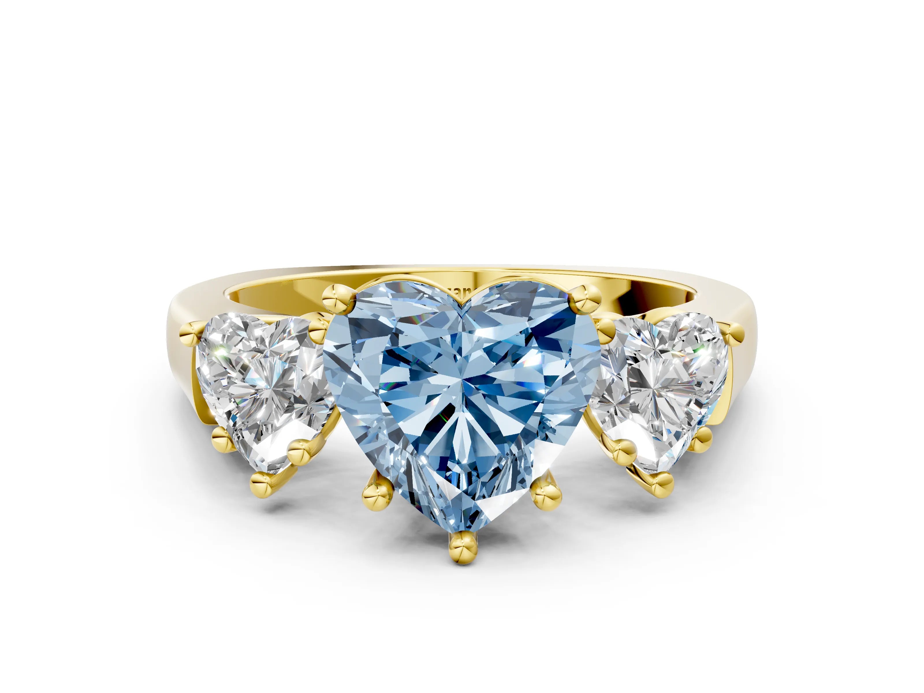 Yellow gold Three-Stone Fancy Blue Heart Cut Brilliant Diamond Trellis Ring with Comfort Fit Band
