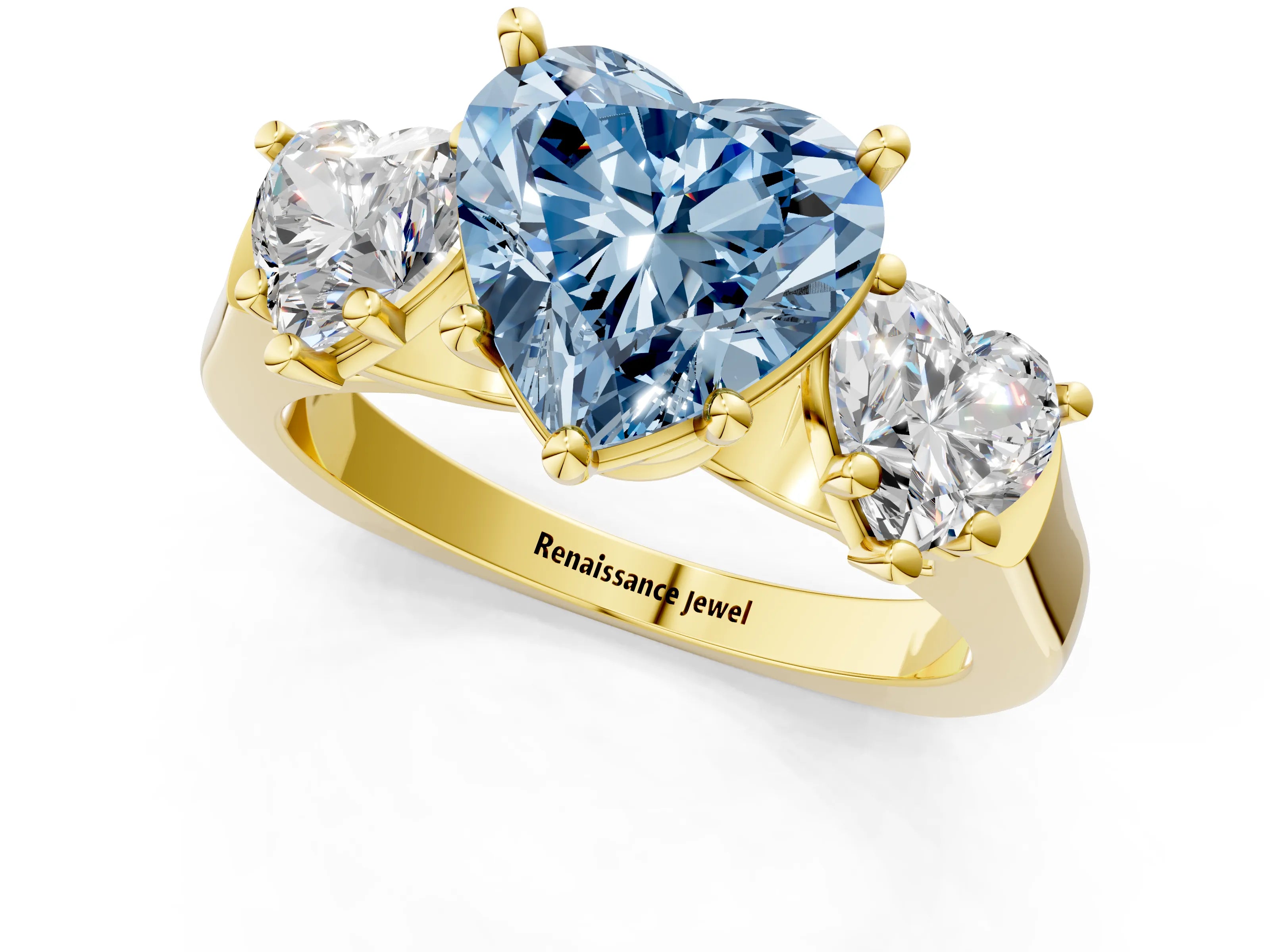 Yellow gold Three-Stone Fancy Blue Heart Cut Brilliant Diamond Trellis Ring with Comfort Fit Band_1
