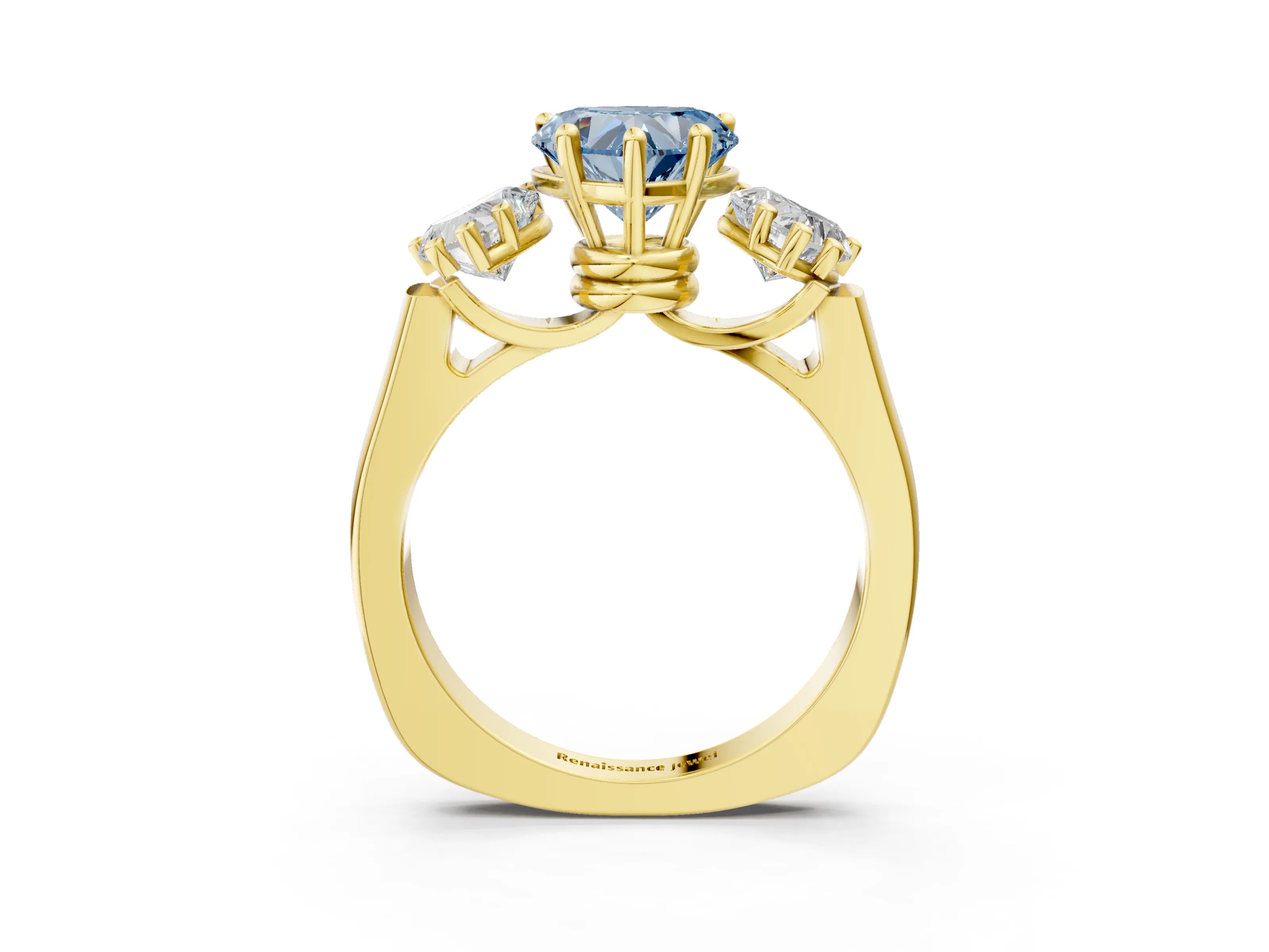 Yellow gold Three-Stone Fancy Blue Heart Cut Brilliant Diamond Trellis Ring with Comfort Fit Band_3