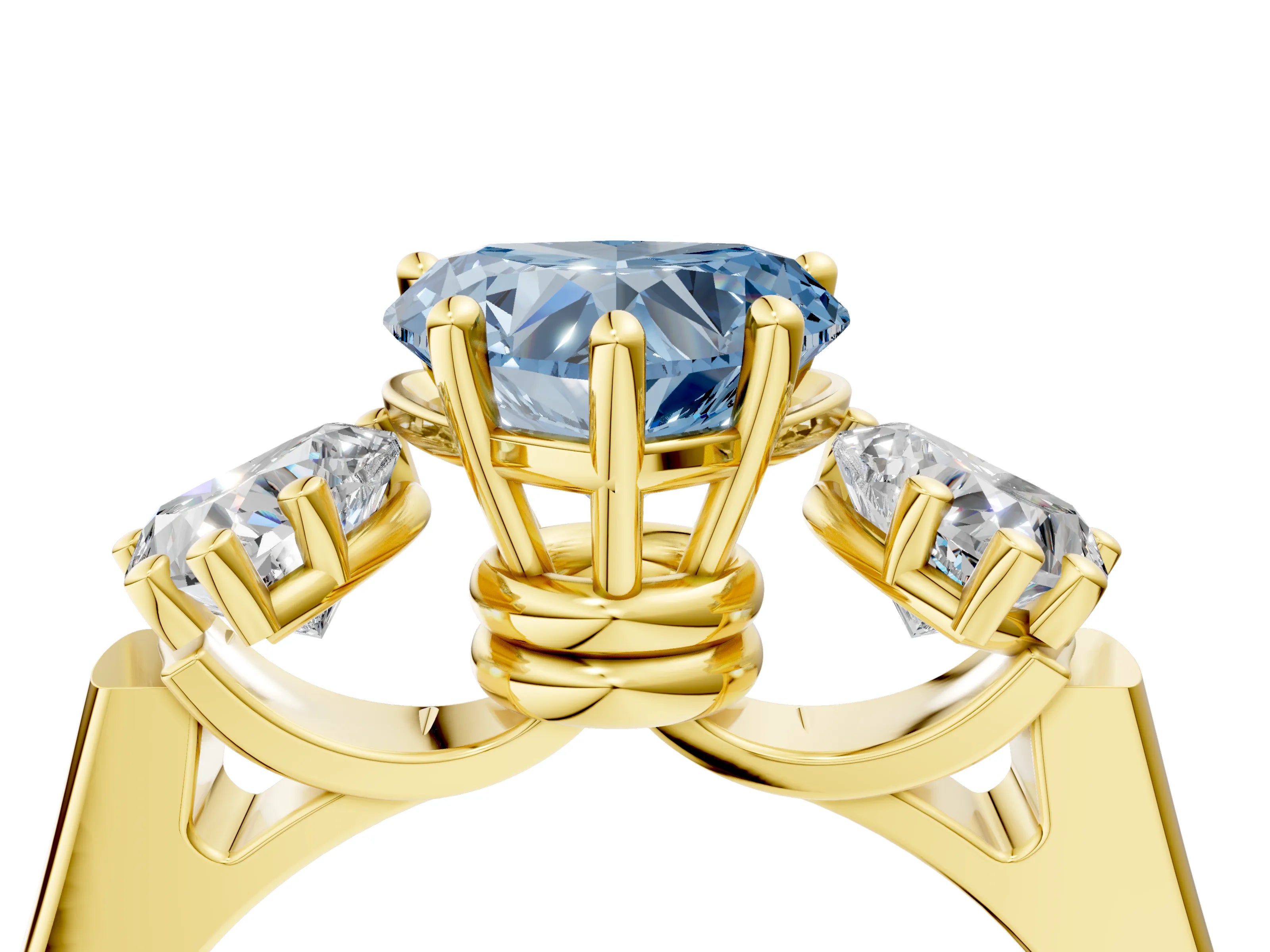 Yellow gold Three-Stone Fancy Blue Heart Cut Brilliant Diamond Trellis Ring with Comfort Fit Band_4