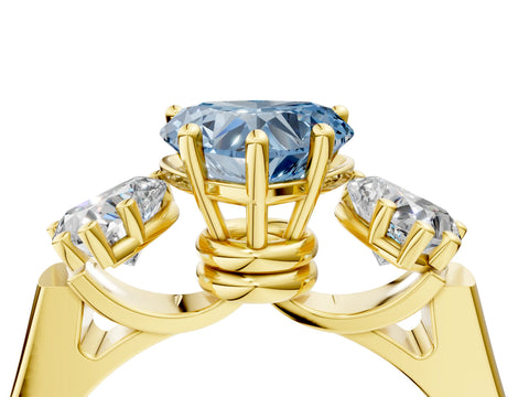 Yellow gold Three-Stone Fancy Blue Heart Cut Brilliant Diamond Trellis Ring with Comfort Fit Band_4