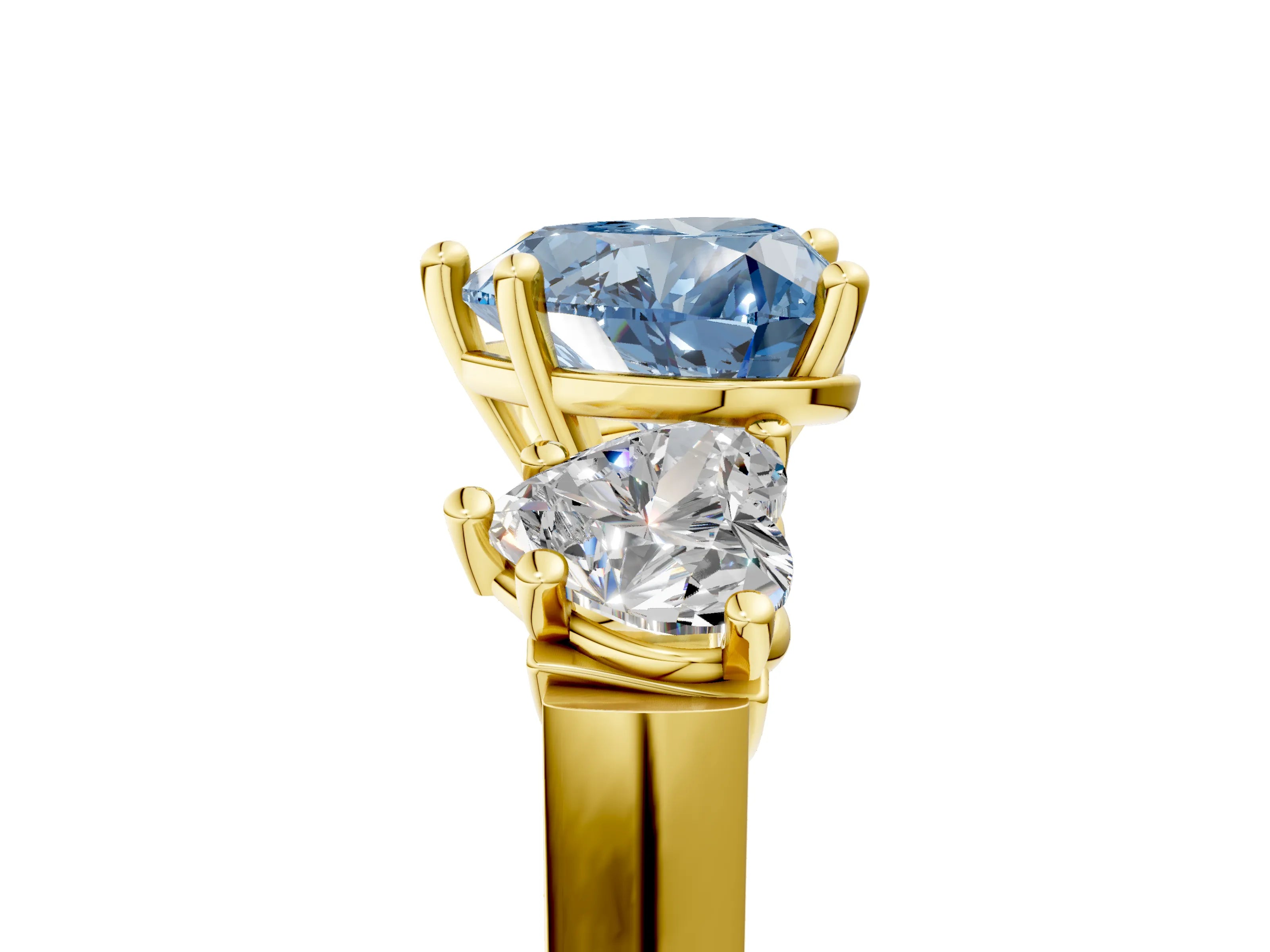 Yellow gold Three-Stone Fancy Blue Heart Cut Brilliant Diamond Trellis Ring with Comfort Fit Band_5