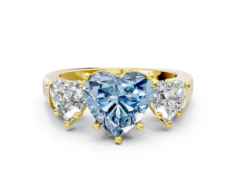 Yellow gold Three-Stone Fancy Blue Heart Cut Brilliant Diamond Trellis Ring with Comfort Fit Band
