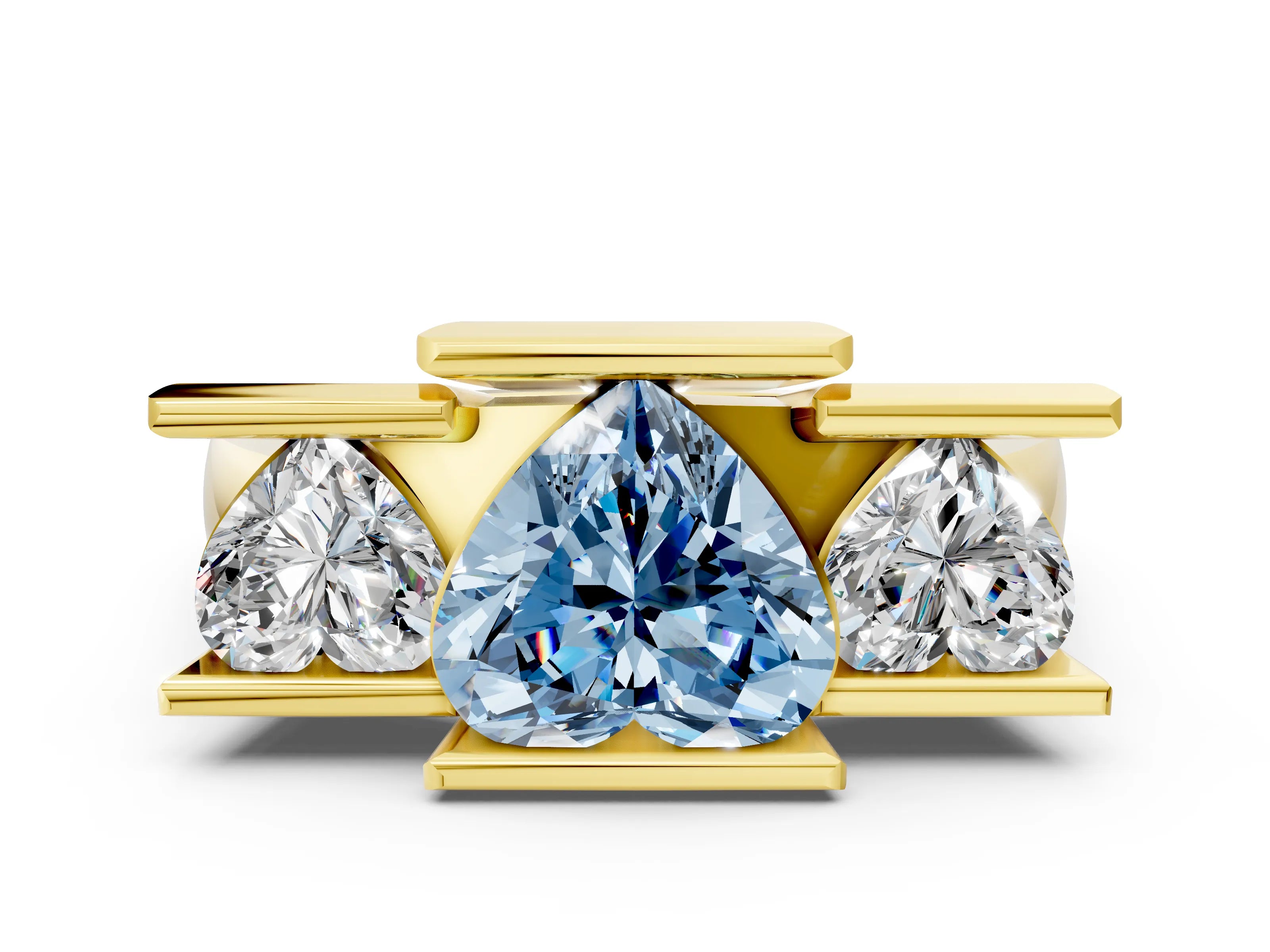 Yellow gold Three Stone Fancy Blue Heart Cut Cut Channel Set Diamond Ring