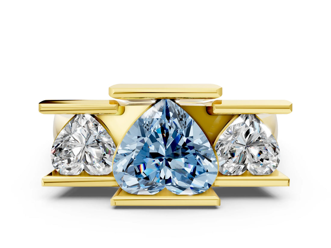 Yellow gold Three Stone Fancy Blue Heart Cut Cut Channel Set Diamond Ring