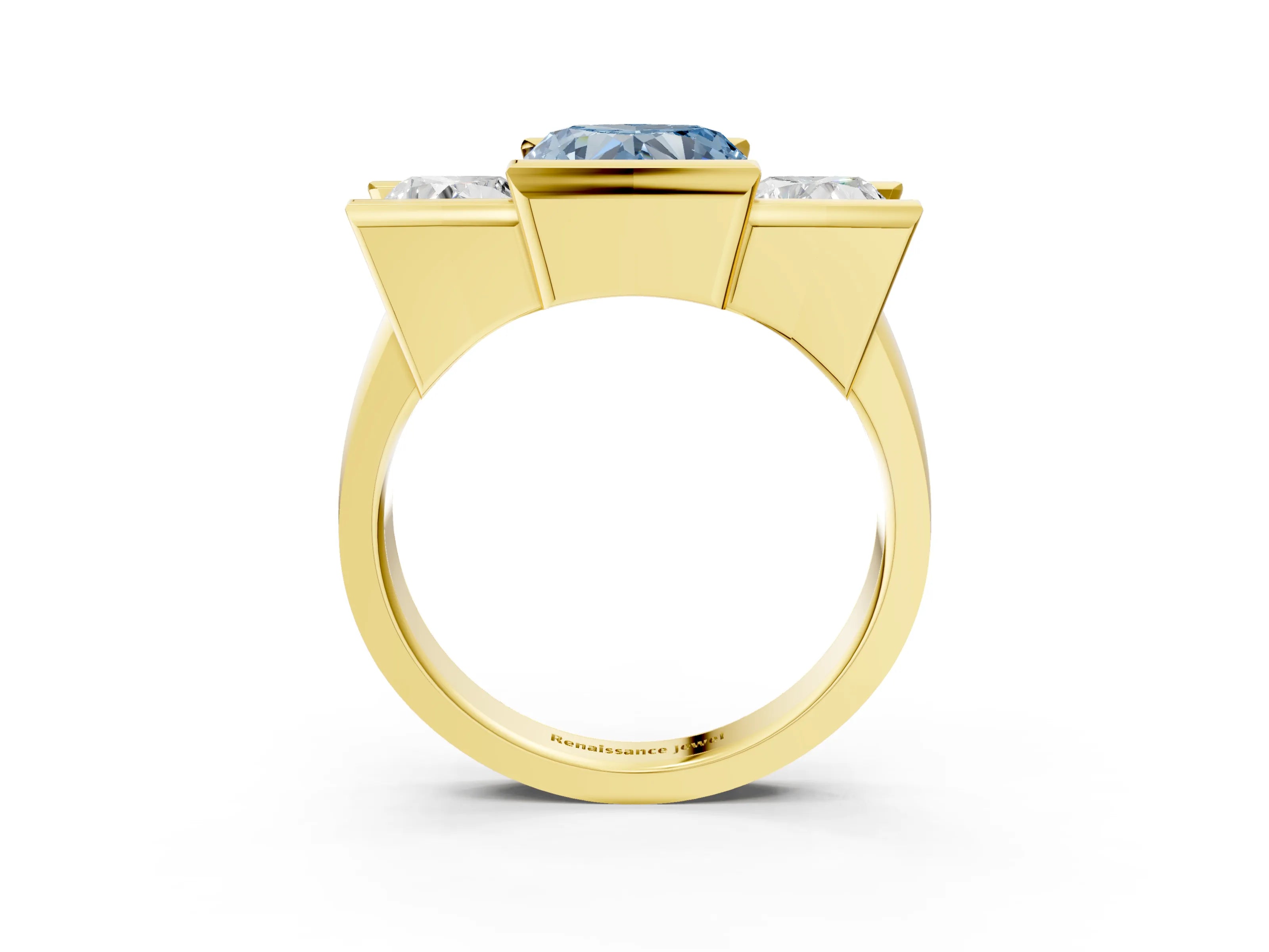 Yellow gold Three Stone Fancy Blue Heart Cut Cut Channel Set Diamond Ring_3
