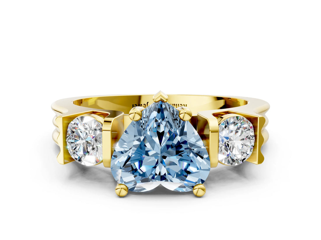 Yellow gold Three-Stone Fancy Blue Heart Cut Cut Classic Band Prong Setting Ring