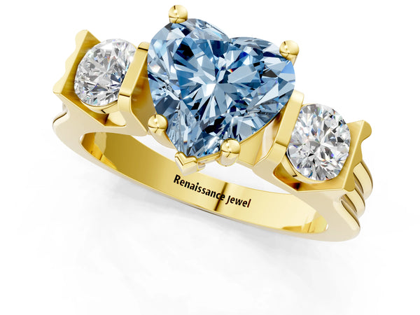 Yellow gold Three-Stone Fancy Blue Heart Cut Classic Band Prong Setting Ring