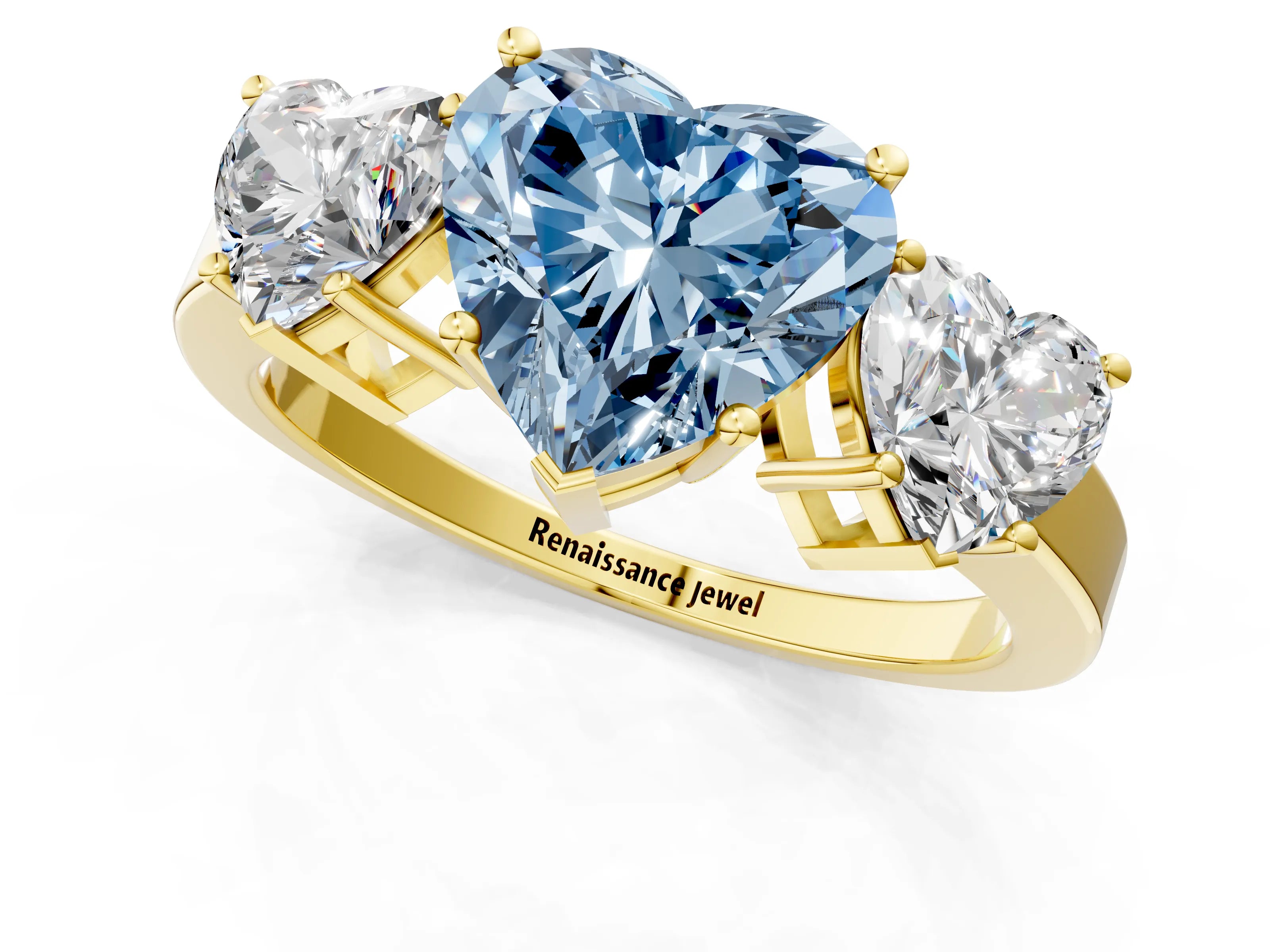 Yellow gold Three-Stone Fancy Blue Heart Cut Cut Diamond Engagement Ring with Flat Band and Four-Prong Setting_1