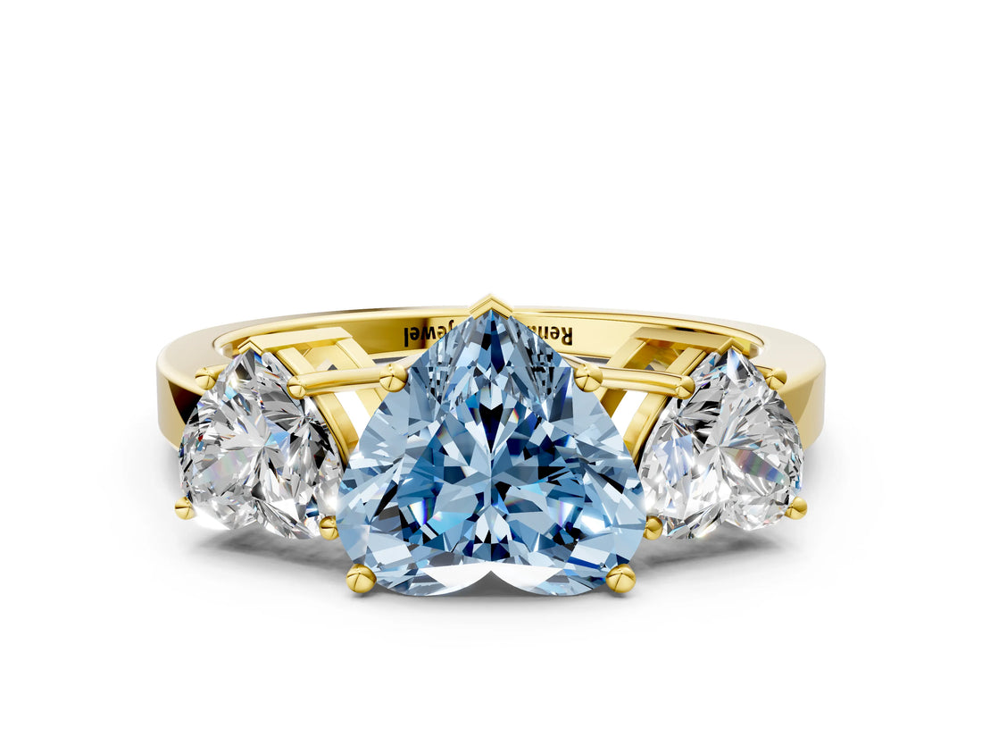 Yellow gold Three-Stone Fancy Blue Heart Cut Cut Diamond Engagement Ring with Flat Band and Four-Prong Setting_12