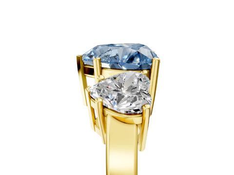 Yellow gold Three-Stone Fancy Blue Heart Cut Cut Diamond Engagement Ring with Flat Band and Four-Prong Setting_5