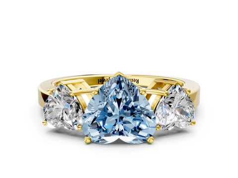 Yellow gold Three-Stone Fancy Blue Heart Cut Cut Diamond Engagement Ring with Flat Band and Four-Prong Setting