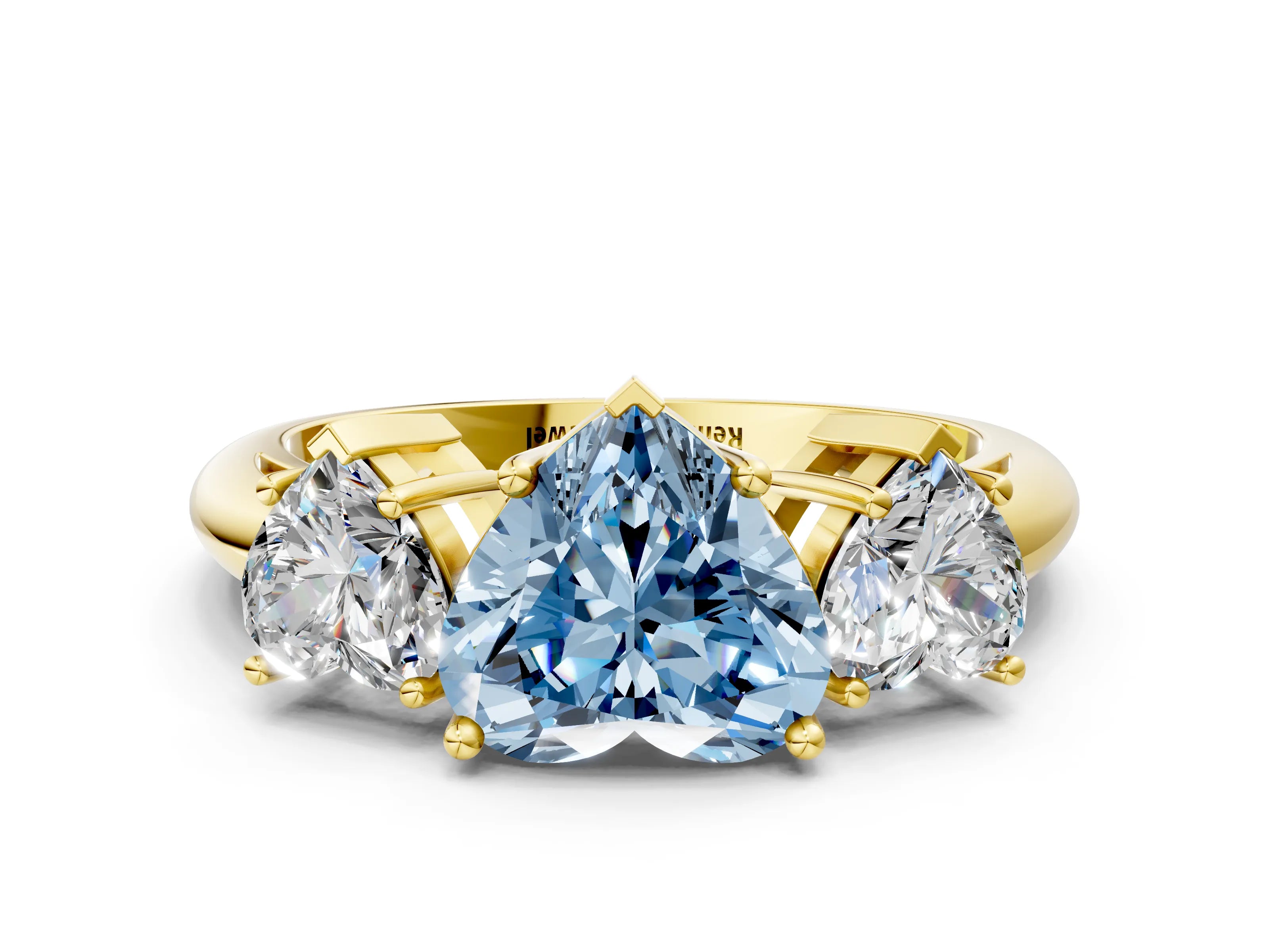 Yellow gold Three-Stone Fancy Blue Heart Cut Cut Diamond Engagement Ring with Prong Setting on a White Gold Band
