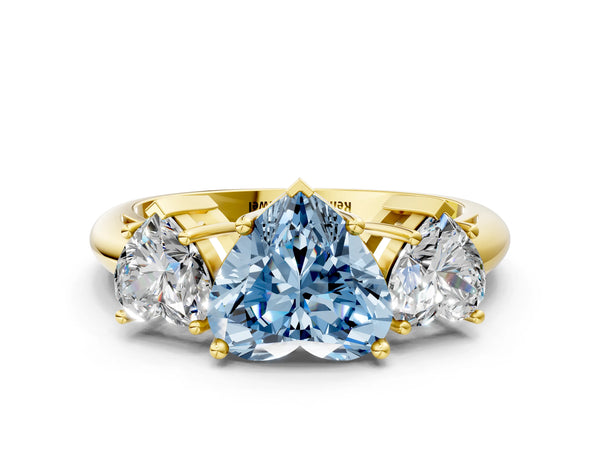 Yellow gold Three-Stone Fancy Blue Heart Cut Cut Diamond Engagement Ring with Prong Setting on a White Gold Band