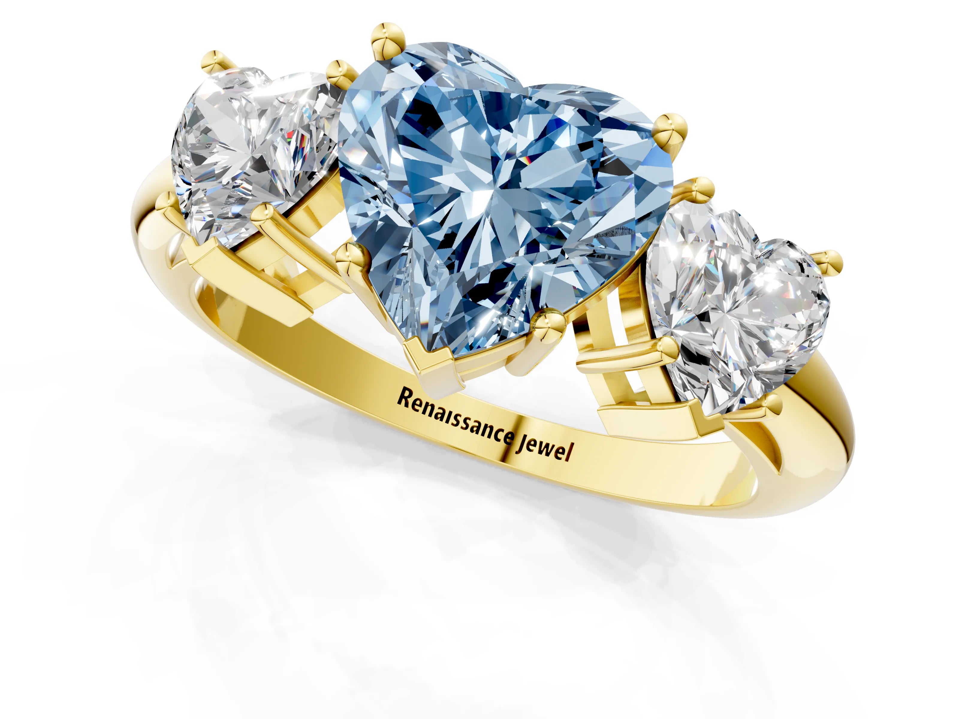 Yellow gold Three-Stone Fancy Blue Heart Cut Cut Diamond Engagement Ring with Prong Setting on a White Gold Band_1