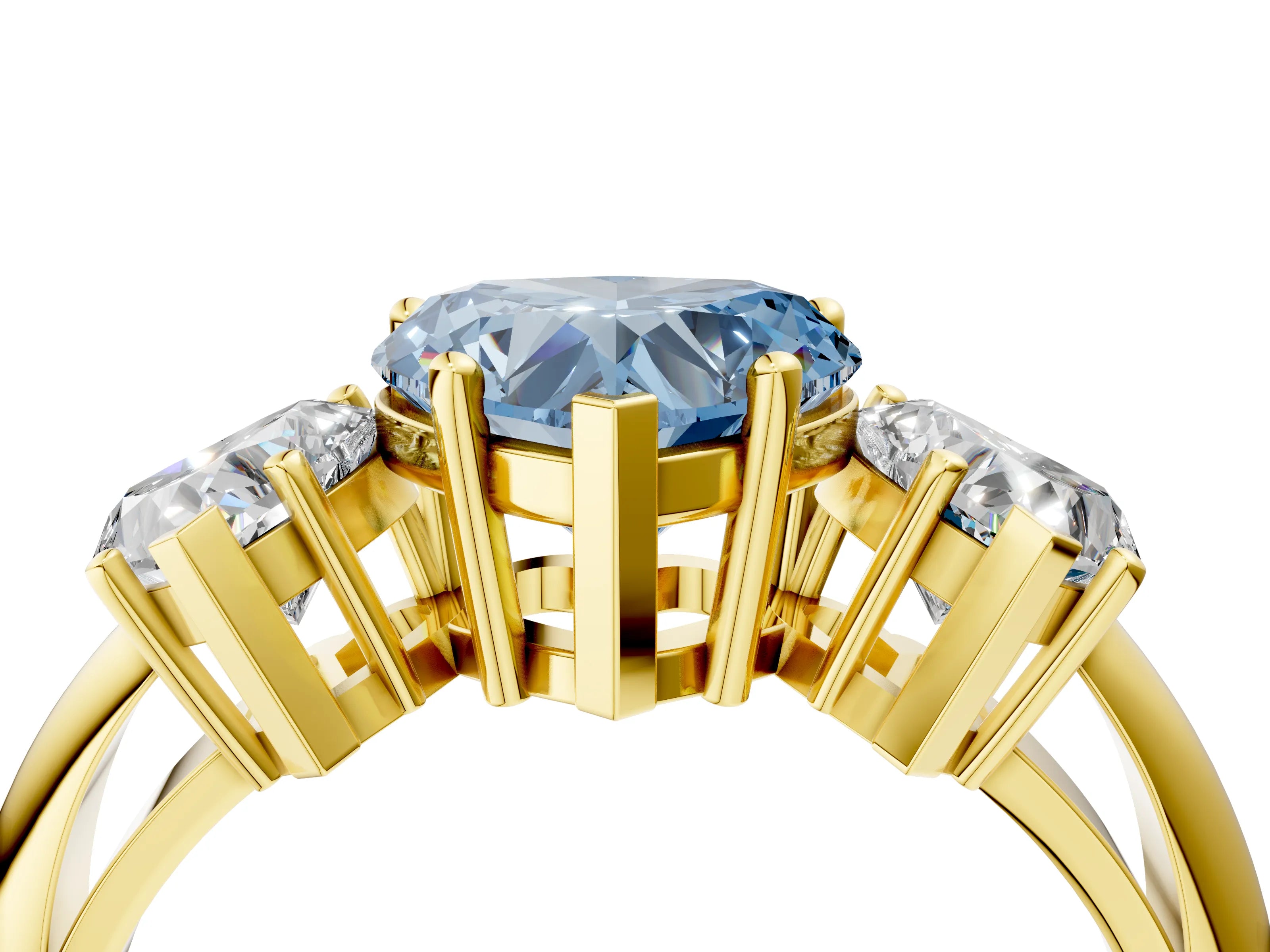 Yellow gold Three-Stone Fancy Blue Heart Cut Cut Diamond Engagement Ring with Prong Setting on a White Gold Band_4